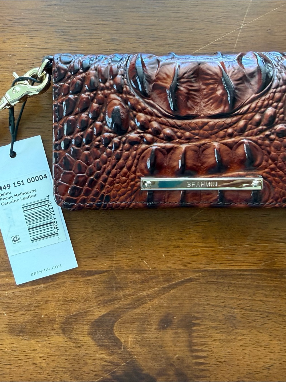 Brahmin Croc-Embossed Leather Wristlet in Rich Brown with Gold Hardware